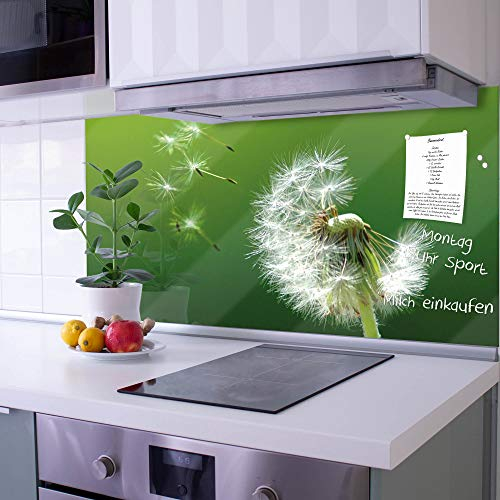 banjado Küchenrückwand Glas ohne Bohren 110x55cm – Glasrückwand Küche mit Motiv Pusteblume/Spritzschutz Küchenrückwand Glas/selbstklebende Küchenrückwand Platte - magnetisch & beschreibbar