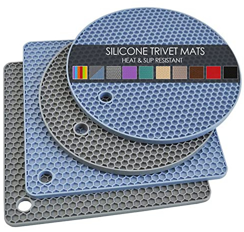 Trivets for Hot Dishes, 4 Pack Silicone Hot Pads Pot Holders for Kitchen, Non-Slip Heat Resistant Silicone Mat for Countertops, Spoon Rest, Multipurpose Food Grade Thick Trivet(Gray& Blue)