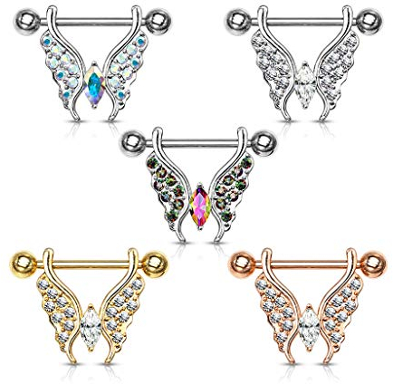 beyoutifulthings Brustwarzen-Piercing Set Kristall Schmetterling Brust-Piercing Nippel-Piercing Chirurgenstahl Silber Mehrfarbig Stab 1,6/14mm