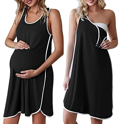 Ekouaer Labor and Delivery Gown for Hospital 3 in 1 Nursing Dress Sleeveless Maternity Snap Button Breastfeeding Nightgown Black XL