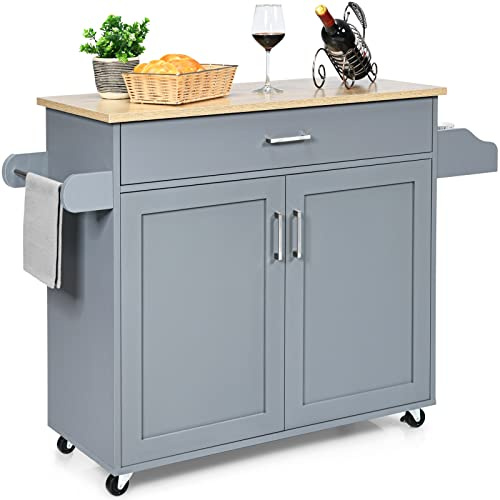 GOPLUS Desserte à roulettes avec Plan de Travail en Bois, 116x40x85CM, Desserte Cuisine avec Armoire à Étagère 2 Niveaux Réglables et Tiroir, Chariot de Service avec Porte-Serviettes Latéral, Cuisine