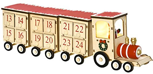 HOMCOM Calendario de Adviento de Navidad de Madera con Luz LED y 24 Cajones Decoración Navideña para Rellenar Modelo Tren 40x8x11 cm Natural
