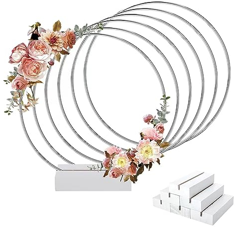 Worown Lot de 6 Cerceau Floral en Métal Argent 20 cm avec Support en Bois, Cerceau Floral pour Mariage, Cérémonie, Anniversaire, Fête