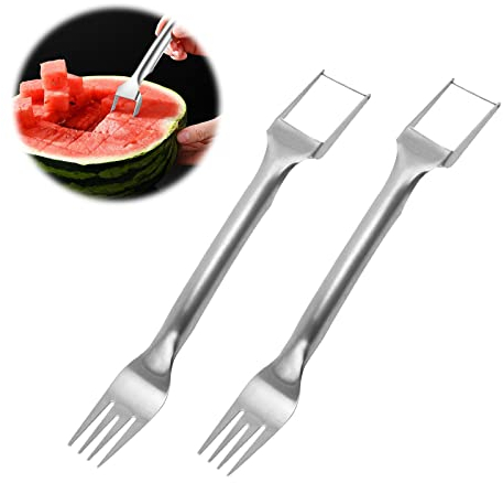 Zueyen Cortador de sandía, 2 en 1, tenedor de sandía, tenedores de frutas, cortador de acero inoxidable, para cocina, familias, fiestas, camping