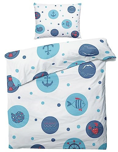 ZDABAOEC Ozean Maritime Bettwäsche 135x200 Kinder Jungen, 100% Microfaser Kinderbettwäsche 2er Set - 1 Bettbezug + 1 Kissenbezug 80x80, mit Reißverschluss, Wende Motiv