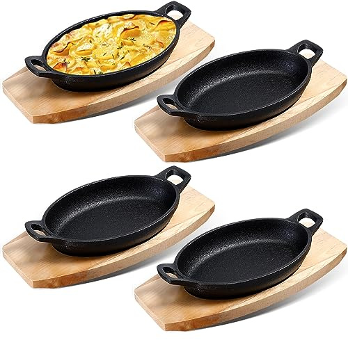 Mifoci 4 mini sartenes de hierro fundido con base de madera, platos pequeños de hierro fundido para fajita, sartén de panadero, olla negra mate para cocina, restaurante, barbacoa, cena (8.7 x 4.7 x