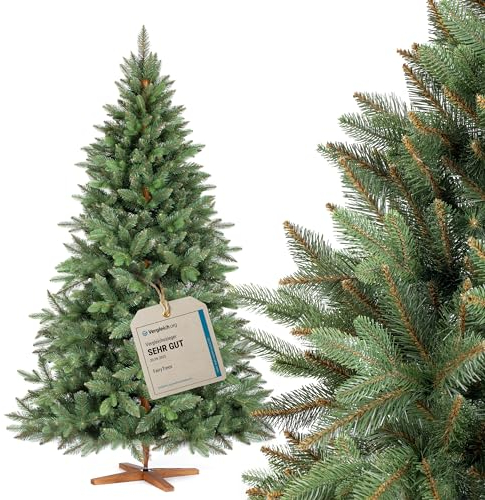 FAIRYTREES Árbol de Navidad, Nordmann Premium 180cm, Hecho en la UE, Árbol Artificial Navideño, Árbol de Navidad con Mezcla de Dos Materiales, Árbol con Soporte de Madera de