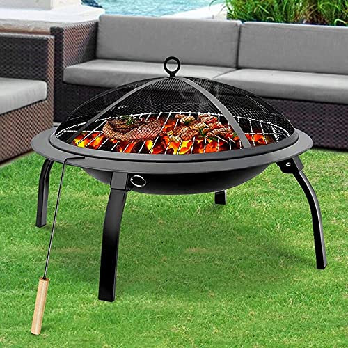 Bol de Foyer extérieur Portable, Foyer à Bois avec Couvercle d'écran Anti-étincelles en Maille, Grille de Gril, tisonnier, Bassin Chauffant de feu de Joie