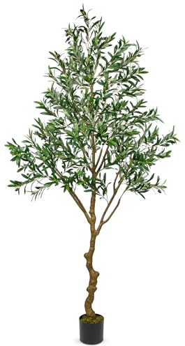 Oairse Olive Tree Artificial 7FT Tall Fake Olive Tree with Fruits Silk Plants Large Artificial Plants Indoor Outdoor Tropical Faux Plant with Black Pot for Home Office Living Room Garden Decor, 213cm