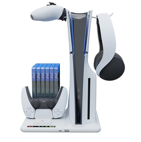 LiLTok für PS5 Slim Ladestation Charging Vertical Stand mit Lüfter, Kühlung Dock mit 6 Spiele-Disketten-Organizer und Kopfhöreraufhänger