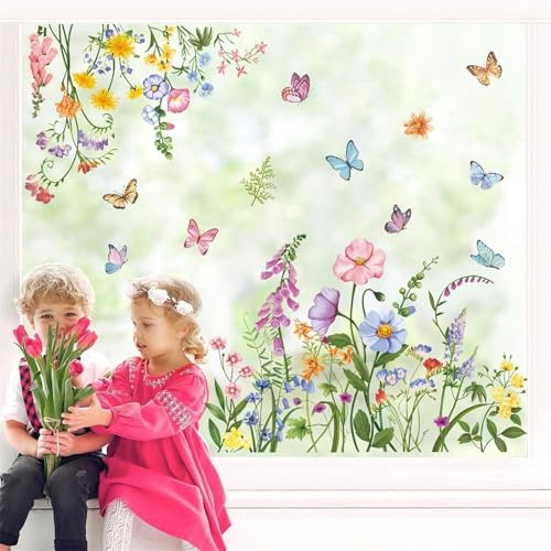wondever Fensterbilder Garten Blumen Mohnblume Schmetterling Fenstersticker | Abziehen und Aufkleben, Abziehbar, Wandaufkleber Selbstklebend für Schlafzimmer Wohnzimmer Flur Sofa Hintergrund Wanddeko