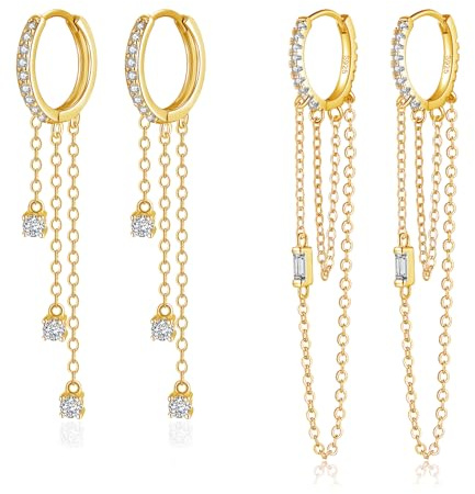 Kamise Silber Creolen Ohrringe Hängend, 925 Sterling Silber Hängeohrringe für Damen, Hypoallergen Mit 5A Zirkonia, Lange Quaste Ketten Kreolen Mit Geschenkbox