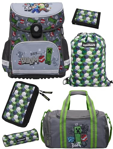 Familando - Schulranzen Set 6-teilig mit Federmappe - Minecraft - Ergonomisch, stabil & mit gepolstertem Rücken - 1250g leicht - 18L Volumen - Mit Reflektoren - Für Grundschule ab 1. Klasse