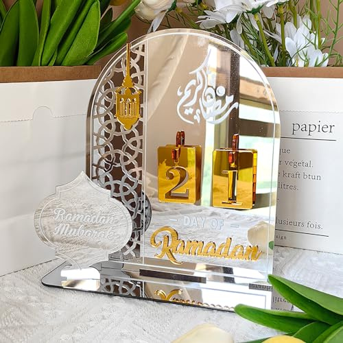 2024 Ramadan Adventskalender, Ramadan Kalender Ramadan Dekoration,Eid Advent Day Countdown,Acryl-Countdown-kalender Ornament Gebet Ramadan Mubarak Deko Wohnzimmer Ramadan Geschenke (Silber+Gold)