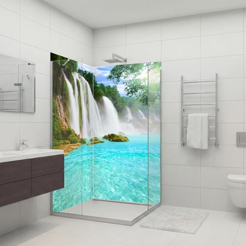 dedeco Duschrückwand wasserfest Motiv: Wasserfall V13, UV-Lack glänzend, 2 x 100x210 cm, als Badrückwand zum Fliesenersatz, Dekorwand, Wandverkleidung und Duschplatte aus Aluminium - Made in Germany