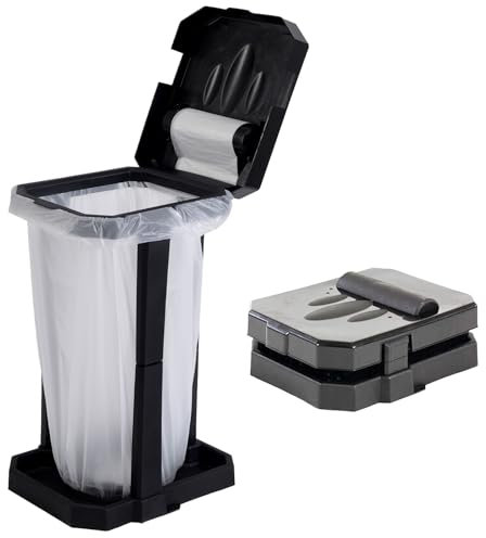 Soporte plegable de alta resistencia para bolsas de basura con patas reforzadas y compartimento interior de almacenamiento, cubo de basura grande para exteriores con 20 bolsas con cordón incluidas