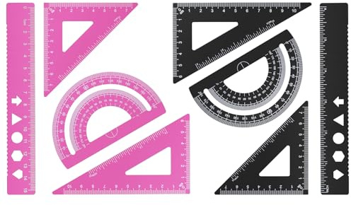 MSDADA 8 Stück Aluminiumlegierung Lineal Set Winkelmesser Dreieck Mathematik Geometrie Set Werkzeug Skala Lineal Set für Schüler Lehrer Ingenieure und Zeichner(Schwarz+Rosa)