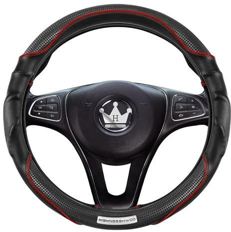 HighnessHwoo 3D Car Steering Wheel Cover Comfort Grip Massage Sporty Anti-Slip Carbon Fiber Faux Leather for Sedan Suv, Universal Fit, Car Handle Covers for All Seasons, 37-38cm, Red