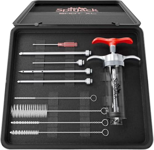 SpitJack SHOT XL Meat Injector Kit, 70ml BBQ Marinade Syringe with 4 Stainless Steel Needles, Case and Cleaning Brushes for Brisket, Turkey, Pork, Smoking and BBQ