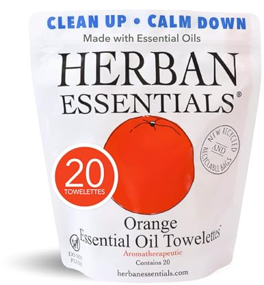 Herban Essentials - Orange Wipes & Towelettes - Essential Oil Wipes for Make Up, Hands, Face & Body - Travel Size Essentials & Toiletries - Natural, Individually Wrapped, Disposable & Moist (20 count)