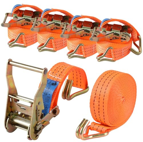 Putentfun Spanngurt mit Ratsche und J Haken,4er Set Ratschengurt,2-teilig orange 6 m lang, 40 mm breit,Belastbarkeit 3000 kg,2 teilig zweiteilig Ratschengurte Zurrgurte 3000 daN 3t