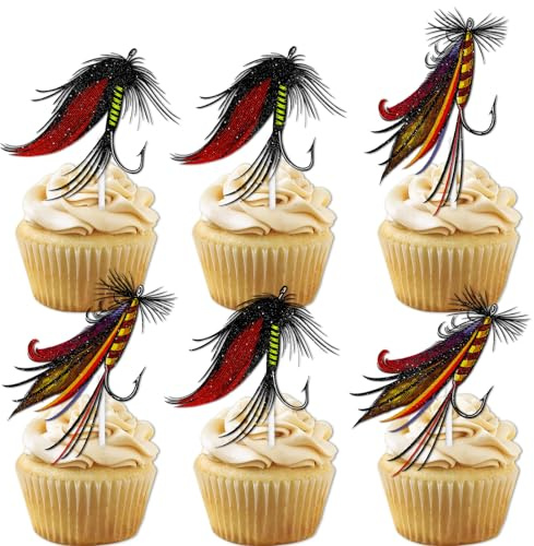 18pcs Red Glitter Fish Fishing Buoy Fishhook Dessert Cupcake Topper Let’s Go Fishing Retirement Theme Decorations Men Women Happy Birthday Party Decor Supplies