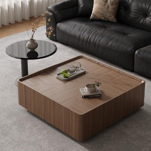 Table Basse Moderne en Bois Massif De Noyer Ronde, Table Auxiliaire Originale avec Plateau en Verre Trempé, Ensemble De Deux Tables Basses avec Tiroirs, Table Basse Ronde De Luxe(Walnut Square,90cm)