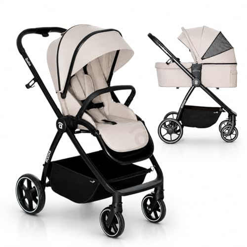 Asalvo Silla de Paseo Ligera DUO RODAS Trío Convertible. Silla de Paseo con Equipaje Avion. Carrito Bebe con Barra de Seguridad. Silla Bebe Compacta. Silla Ligera hasta 22 kg. Color Beige