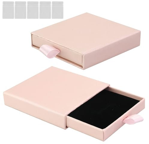 Amandelizabe 2 cajas de regalo para joyas, collar con 5 bolsas transparentes, caja de almacenamiento expandible para pendientes y anillos (rosa claro)