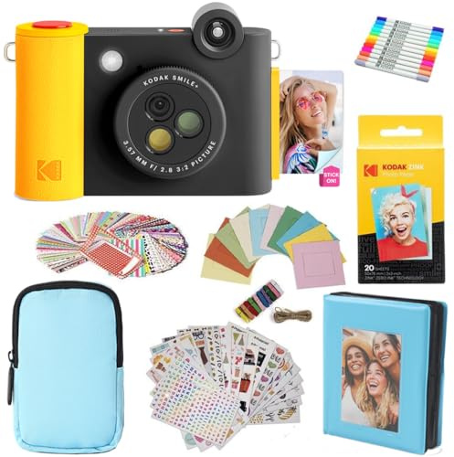 KODAK Smile+ - Paquete de Regalo de cámara instantánea Digital e Impresora fotográfica 2 en 1, Funda + Papel Zink + álbum + Marcos + calcomanías + marcadores, Color Negro