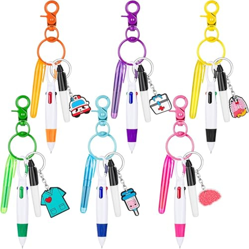 Mini Highlighter Nurse Pens for Badge Reel Pen Include 6 Tip Highlighter 6 Permanent Marker Pen and 6 Retractable Ball Pen with 6 Nursing Keychain Clip Christmas (30pcs)