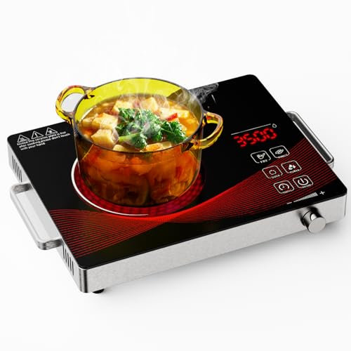 Argyolas Placa de cocina eléctrica portátil infrarroja con quemador único de 2200 W para cocina, cocina de encimera de cristal Domino, control de botón 18 niveles de potencia