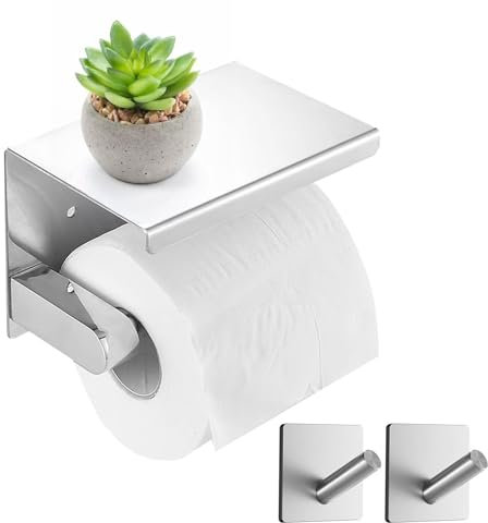 Toilettenpapierhalter Ohne Bohren, Edelstahl Klopapierhalter Ohne Bohren mit Ablage, WC Papier Halterung Klorollenhalter mit 2 Klebehaken, Klebeinstallation und Bohrinstallation (Color:Silber)