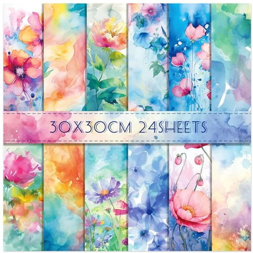 24 fogli di carta floreale per scrapbooking, 30 x 30 cm, motivo floreale ad acquerello, double face, per scrapbooking, artigianato decorativo per la creazione di biglietti, cartoncino, origami