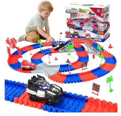 MOMSIV Race Track Toy for 3-7 Year Old Kids, Spider Construction Race Tracks & Cars Toy Set for Boys, Flexible DIY Play Set Create A Spider World Road Games for Boys and Girls