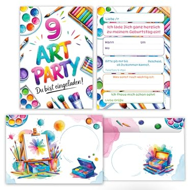 Junaversum 12 Einladungskarten inkl. 12 Umschläge zum 9. Kindergeburtstag Art Kreativ-Party Malparty Kunst Basteln DIY Künstlerparty Kinder Mädchen Einladungen neunte Geburtstag Kids