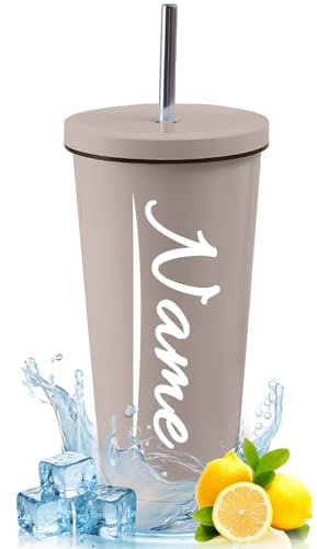 Thermobecher Personalisiert mit Namen Edelstahl Trinkbecher mit Deckel und Strohhalm Kaffeebecher to Go Thermobecher Spülmaschinenfest Autobecher Tumbler für Kalte Heiße Getränke (Khaki, 500ml)