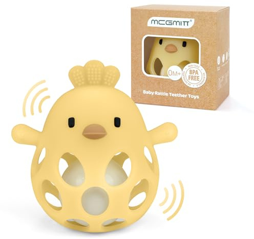 MCGMITT Pelota de Agarre con Sonajero – Mordedor para Bebés de Silicona sin BPA, Juguete Montessori Sensorial con Forma de Pollito, Ayuda para la Dentición 0-24 Meses Niños y Niñas – Amarillo