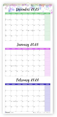 Blueline® 2026 Colorful Three-Month Wall Calendar, 14 Months, December 2025 to January 2027, Gold Twin-Wire Binding, 12.25 x 27, Passion (C171129-26)