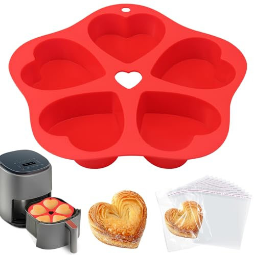 BMSQOFD Muffinform Silikon Air Fryer Herzförmige MuffinBackform,19× 14cm Silikonform Heißluftfritteuse Airfryer Muffinbackformen Cupcake Förmchen Zubehör für Muffin, Cupcakes(1 Stück + 100 Beutel)