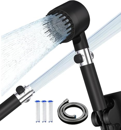 Pommeau Douche Haute Pression, Anti Calcaire Douchette avec Filtre, Pommeau de Douche Économie Deau, Haute Pression Filtre Douche, 3+1 Types de jets Shower Heads, Noir Foncé