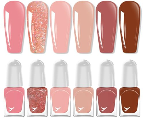 Peach Glitter Nail Polish Set - 6Pcs Nude Pink Nail Varnish Kit Quick Dry - Long Lasting & Chip Resistant, Trendy Water Based Holographic Nail Polish for Women & Girls DIY Manicure Decoration