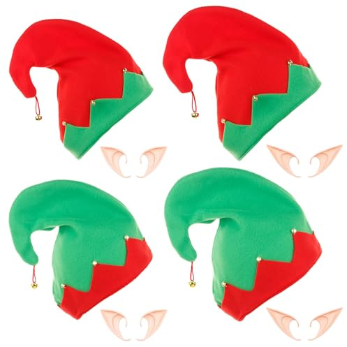 ZYHDFH 4 stycken julluvor hatt med 4 par ljusgula elfenöron julluva älvhattar barn tomtemössa jul klänning för barn vuxna jul karneval fest