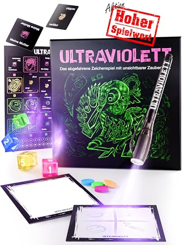 Ultraviolett – Das abgefahrene Zeichenspiel mit unsichtbarer Tinte und UV-Licht | Lustiges Mal-Rate-Partyspiel für Erwachsene & Familien | Brettspiel für 3-4 Spieler | Ab 14 Jahren | absurde Sätze