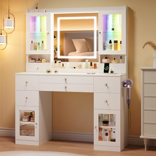 Dripex Grande Coiffeuse Miroir LED, Vitrines RGB, Table Maquillage, Blanc