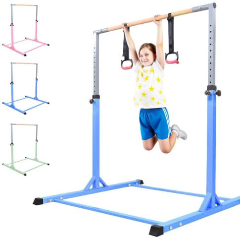 Turnstange Für Kinder, Höhenverstellbare Gymnastikstange 13-Fach 98-159 Cm | Stabile Stahlbasis Mit Holzgriff, Belastbar 200 Kg, Anti-Rutsch Gummifüßen, Indoor Outdoor Trainingsgeräte