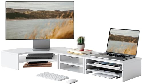 Fenge Monitorständer 3 in 1, Dual Monitor Stand mit Schublade und Ausziehbarem Tablett, L-Förmiger Eck Bildschirmerhöhung, Frei Kombinierbar, Für Home Office, PC, Laptop, Drucker, TV (Weiß)