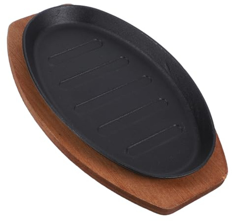Toyvian Assiette à Steak Fonte Antiadhésive avec Base Bois Plaque de Cuisson pour Restaurant et Maison Grillades et Friture