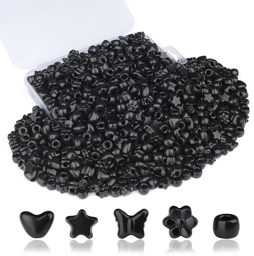 Sahoottie 500 Stück Schwarze Pony Beads mit Sterne Schmetterlinge Blumen Herz Rund Schwarze Pony Perlen Große Loch zum Auffädeln Kandi Beads Ponyperlen für Armbänder Halskette Haarperlen DIY Basteln