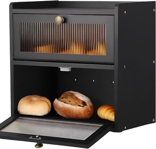 Yeqqzq Double Layer Large Bread Box for Kitchen Counter, Wooden Corner Bread Storage Container with Acrylic Window